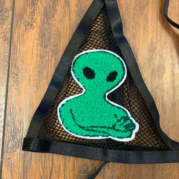 Fishnet Green Alien Patch Triangle Rave Top - Picture 3 of 4